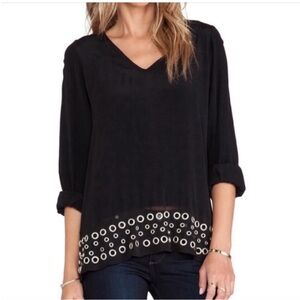 Lovers + Friends Sweet Kiss blouse black crepe grommets v neck keyhole